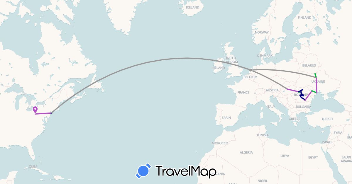 TravelMap itinerary: driving, bus, plane, train in Hungary, Moldova, Netherlands, Romania, Ukraine, United States (Europe, North America)